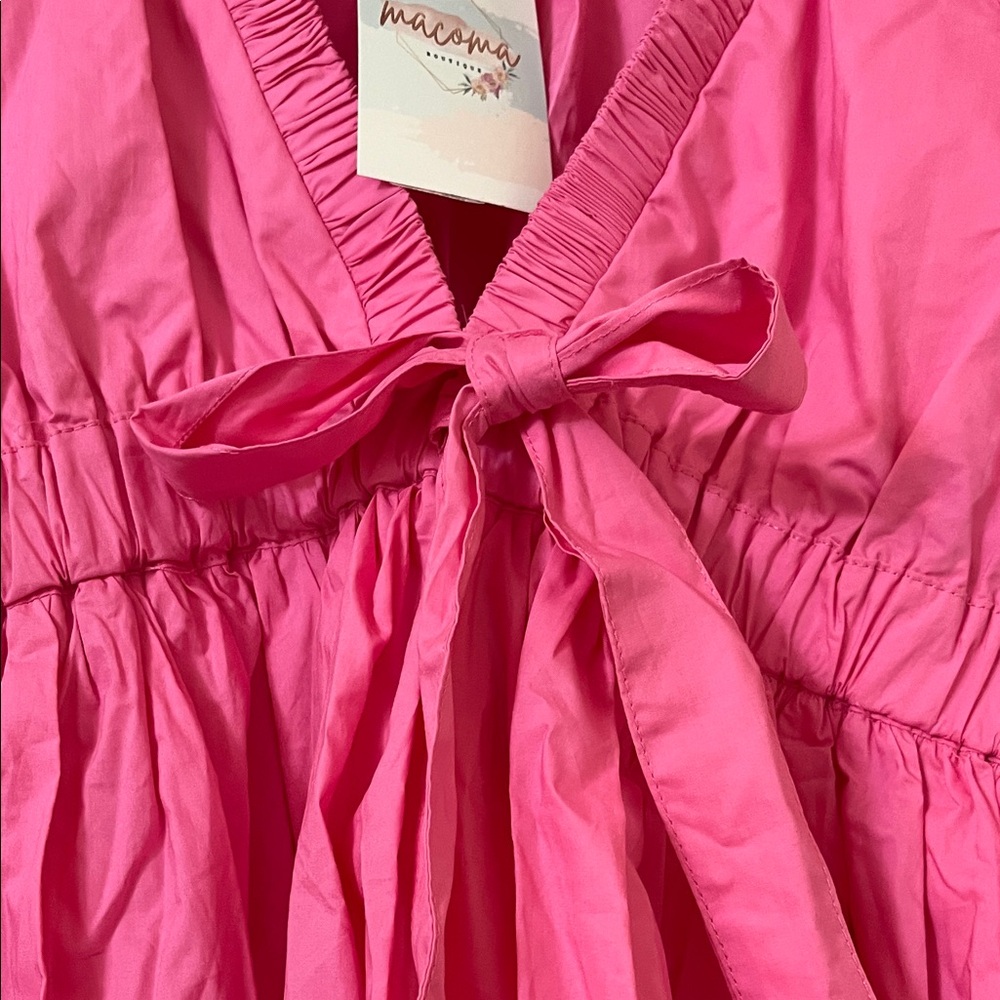 Peach Love California Bubble Hem Hot Pink Ruffle Tie-Front Mini Dress - Picture 4 of 12